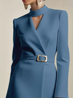 Mock Neck Plain Urban Dress With Belt