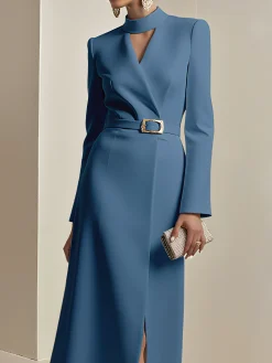 Mock Neck Plain Urban Dress With Belt