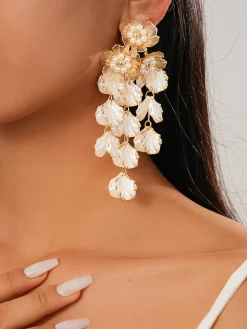 Mother-of-pearl Flower And Tassel Earrings With Silver Posts