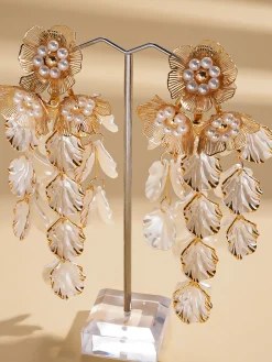 Mother-of-pearl Flower And Tassel Earrings With Silver Posts