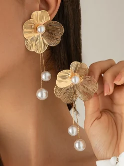 1pair Elegant Hollow Out Flower Imitation Pearl Tassel Earrings