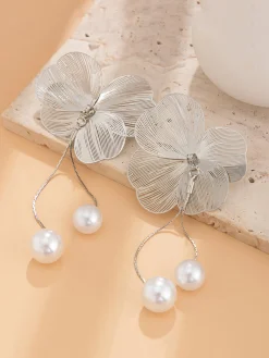 1pair Elegant Hollow Out Flower Imitation Pearl Tassel Earrings