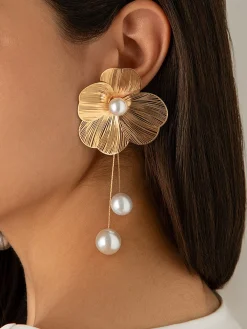 1pair Elegant Hollow Out Flower Imitation Pearl Tassel Earrings