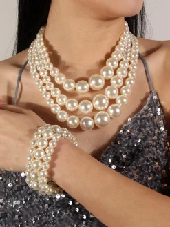 3pcs/set Elegant Imitation Pearl Multilayer Necklace Party Jewelry Set