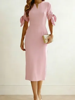 Plain Notched Regular Fit Elegant Dress With No