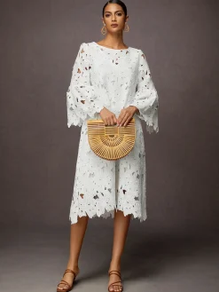 Plain Vacation Crew Neck Three Quarter Loose Skirt Dress