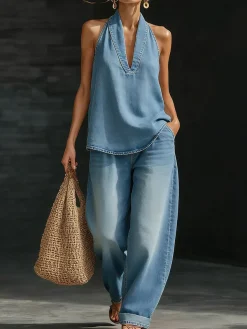 Plus Size Casual Plain Shawl Collar Denim Top