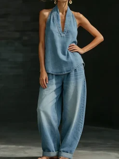 Plus Size Casual Plain Shawl Collar Denim Top