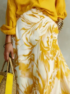 Plus Size Casual Printing Botanical Pattern Maxi Skirt