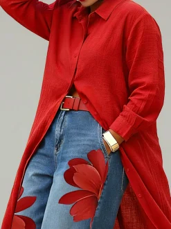 Plus Size Cotton Casual Plain Shawl Collar Shirt