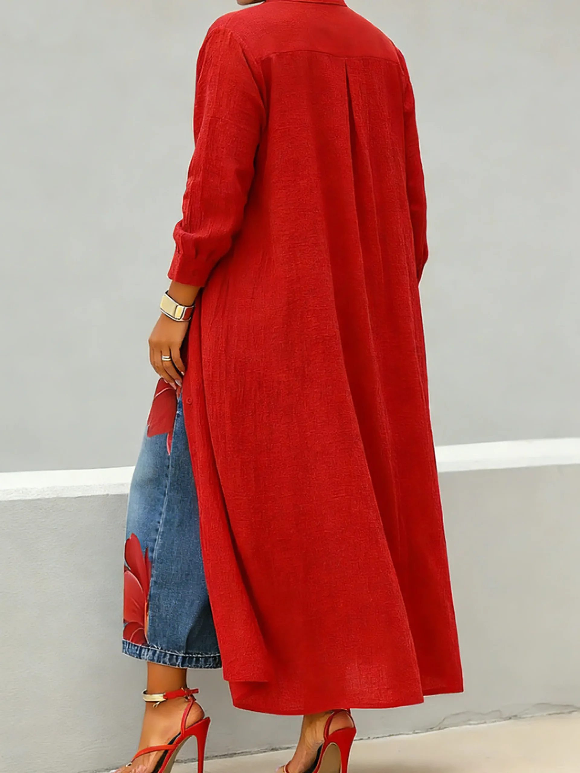 Plus Size Cotton Casual Plain Shawl Collar Shirt