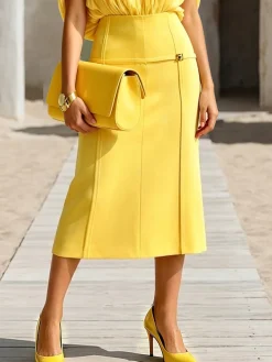 Plus Size Elegant Metal Plain Midi Skirt