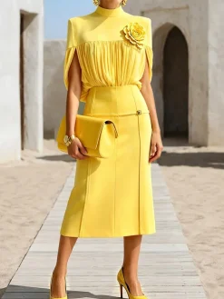 Plus Size Elegant Plain Ruched Stand Collar Blouse