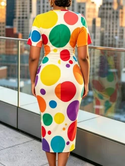 Plus Size Elegant Polka Dots Printing Crew Neck Midi Dress