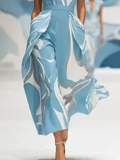 Plus Size Elegant Random Print Stand Collar Midi Dress