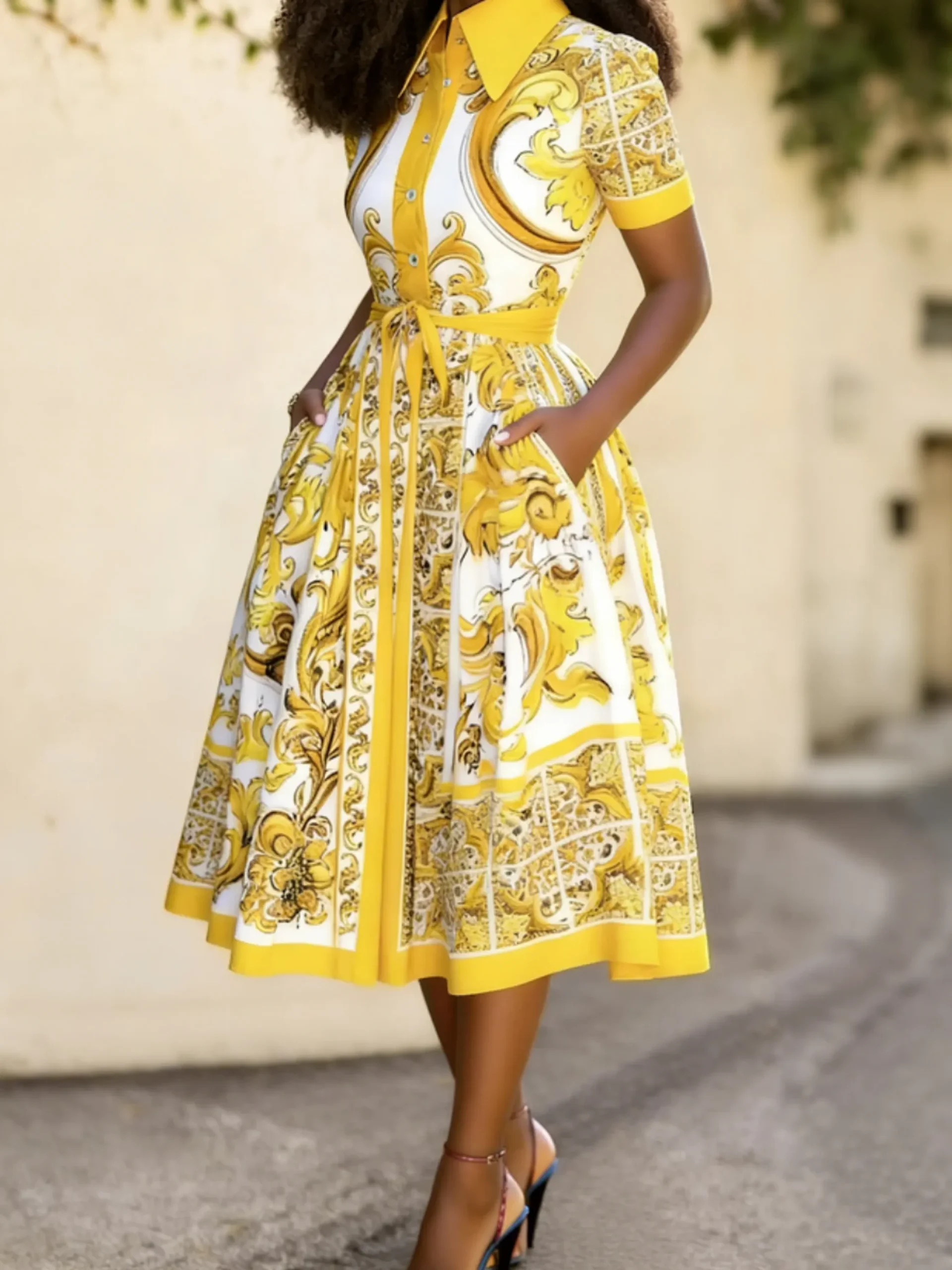 Plus Size Regular Fit Shirt Collar Urban Dress With Belt