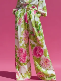 Plus Size Urban Floral Pocket Stitching Wide Leg Pants No Belt