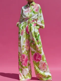 Plus Size Urban Floral Pocket Stitching Wide Leg Pants No Belt