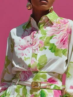 Plus Size Urban Floral Printing Shirt Collar Shirt