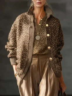 Plus Size Urban Leopard Buttoned Mock Neck Cardigan