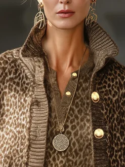 Plus Size Urban Leopard Buttoned Mock Neck Cardigan