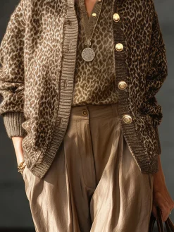 Plus Size Urban Leopard Buttoned Mock Neck Cardigan