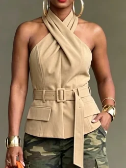 Plus Size Urban Plain Cross Halter Neck Blouse