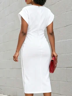 Plus Size Urban Plain Zipper Boat Neck Midi Dress