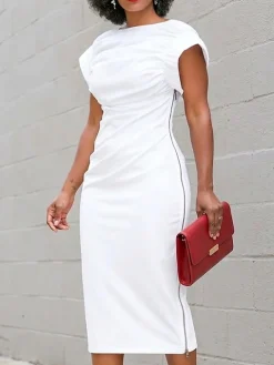 Plus Size Urban Plain Zipper Boat Neck Midi Dress