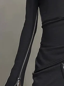 Plus Size Urban Plain Zipper Mock Neck T-shirt