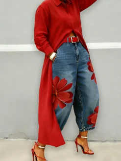 Plus Size Zipper Denim Casual Floral Jeans With No Belt