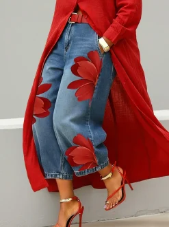 Plus Size Zipper Denim Casual Floral Jeans With No Belt