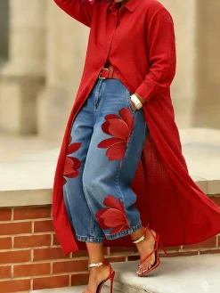 Plus Size Zipper Denim Casual Floral Jeans With No Belt