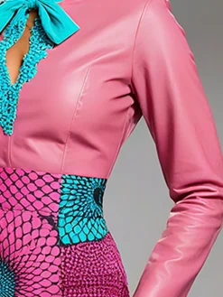 PU Elegant Color Block Split Joint Stand Collar Faux Leather Top
