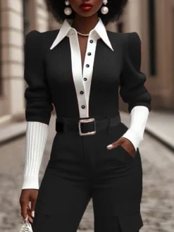 Puff Sleeve Color Block Elegant Sweater Shirt