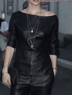 PU Urban Pu Boat Neck Plain Faux Leather Top