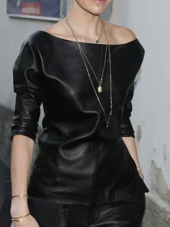 PU Urban Pu Boat Neck Plain Faux Leather Top