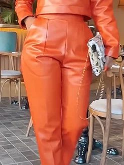 Regular Fit Micro-Elasticity Urban Pu Faux Leather Pants Straight pants