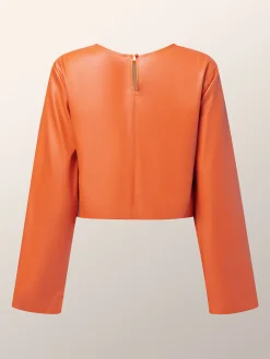 Regular Fit Micro-Elasticity Crew Neck Long Sleeve Urban Plain Faux Leather Top