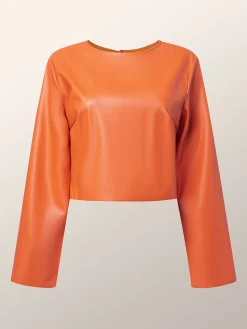 Regular Fit Micro-Elasticity Crew Neck Long Sleeve Urban Plain Faux Leather Top