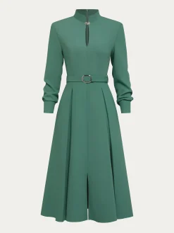 Regular Sleeve Stand Collar Plain Urban Dress With Belt