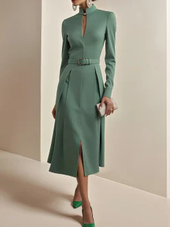 Regular Sleeve Stand Collar Plain Urban Dress With Belt
