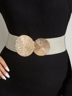 Round Buckle Elastic Wide Belt Elegant Dress Coat Girdle