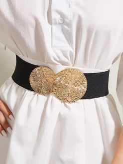 Round Buckle Elastic Wide Belt Elegant Dress Coat Girdle