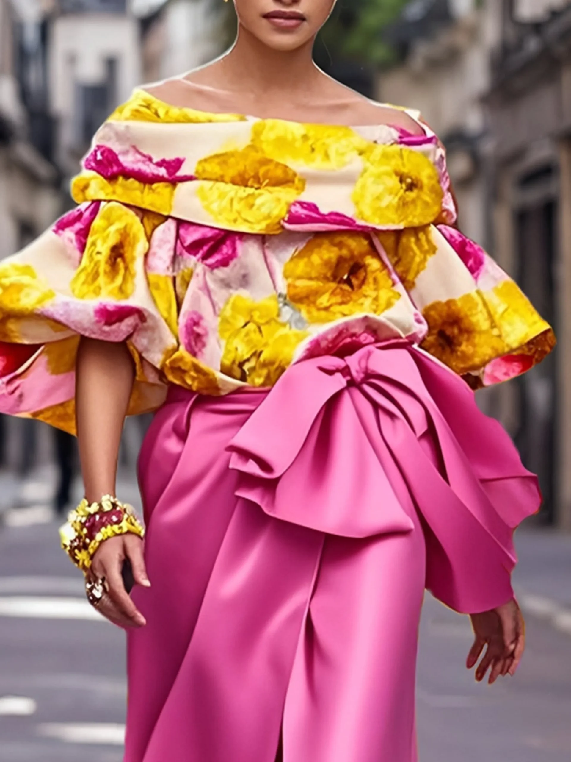 Satin Elegant Floral Printing Off The Shoulder Balloon Sleeve Blouse