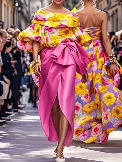 Satin Elegant Floral Printing Off The Shoulder Balloon Sleeve Blouse