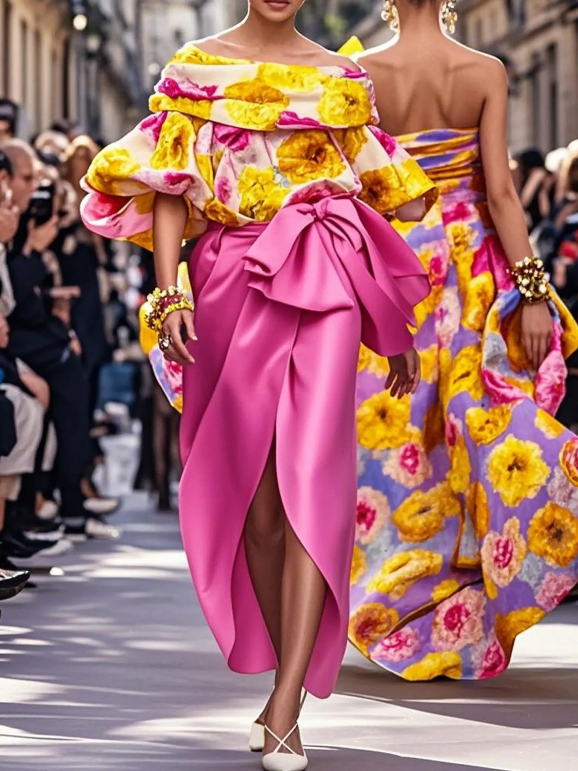Satin Elegant Floral Printing Off The Shoulder Balloon Sleeve Blouse