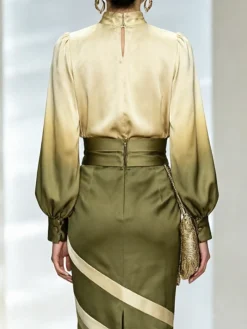 Satin Elegant Gradient Pattern Stand Collar Blouse