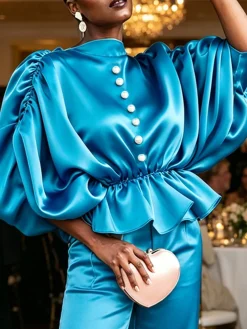 Satin Elegant Plain Faux Pearl Boat Neck Blouse