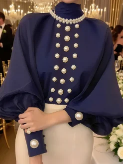 Satin Elegant Plain Imitation Pearls Mock Neck Balloon Sleeve Blouse
